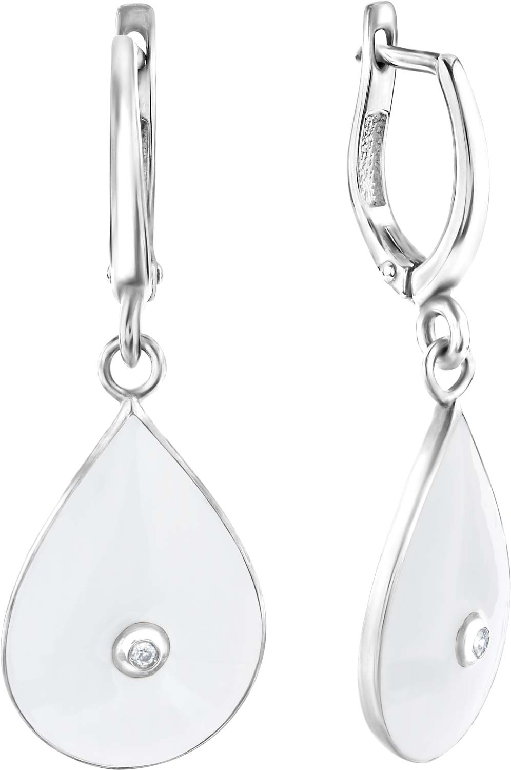 Серебряные серьги капельки с подвесками Русские Самоцветы 73585-S-belyj с эмалью, бриллиантами