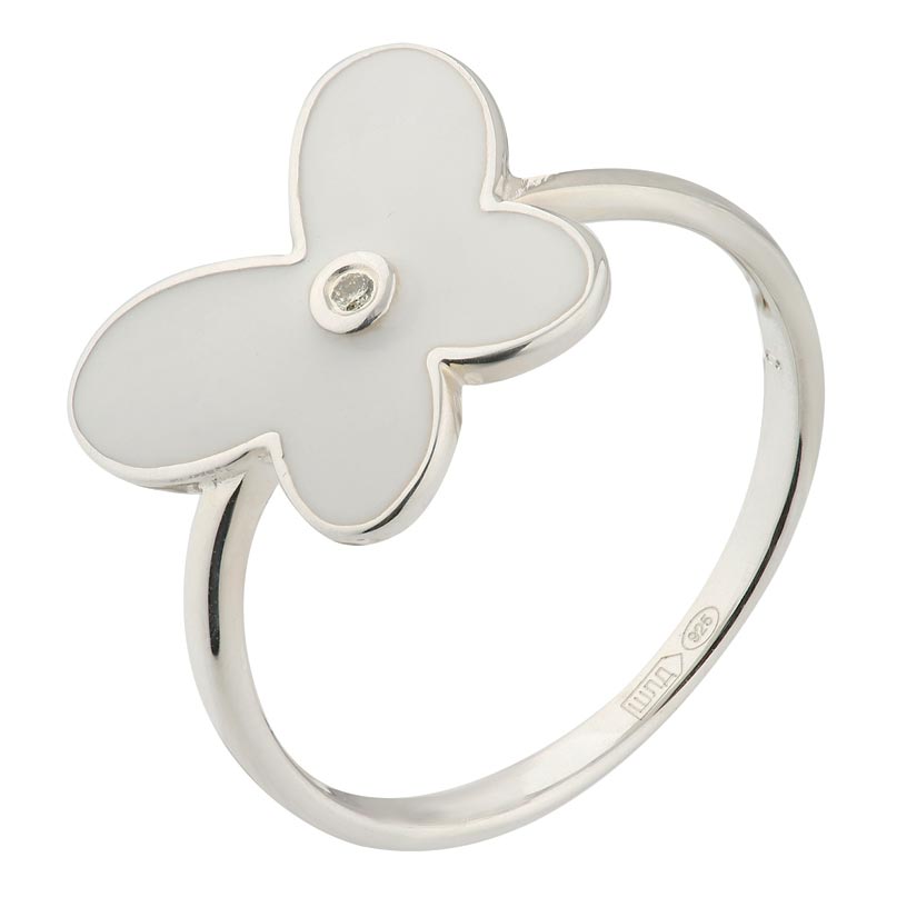 Серебряное кольцо Русские Самоцветы 73597-S-belyj с эмалью, бриллиантом