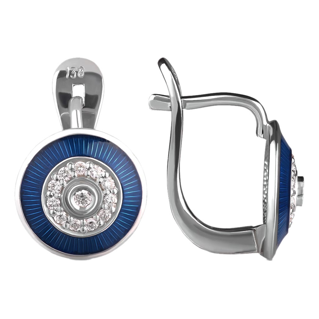 Серебряные серьги круглые Русские Самоцветы 76130-sinij с эмалью, бриллиантами
