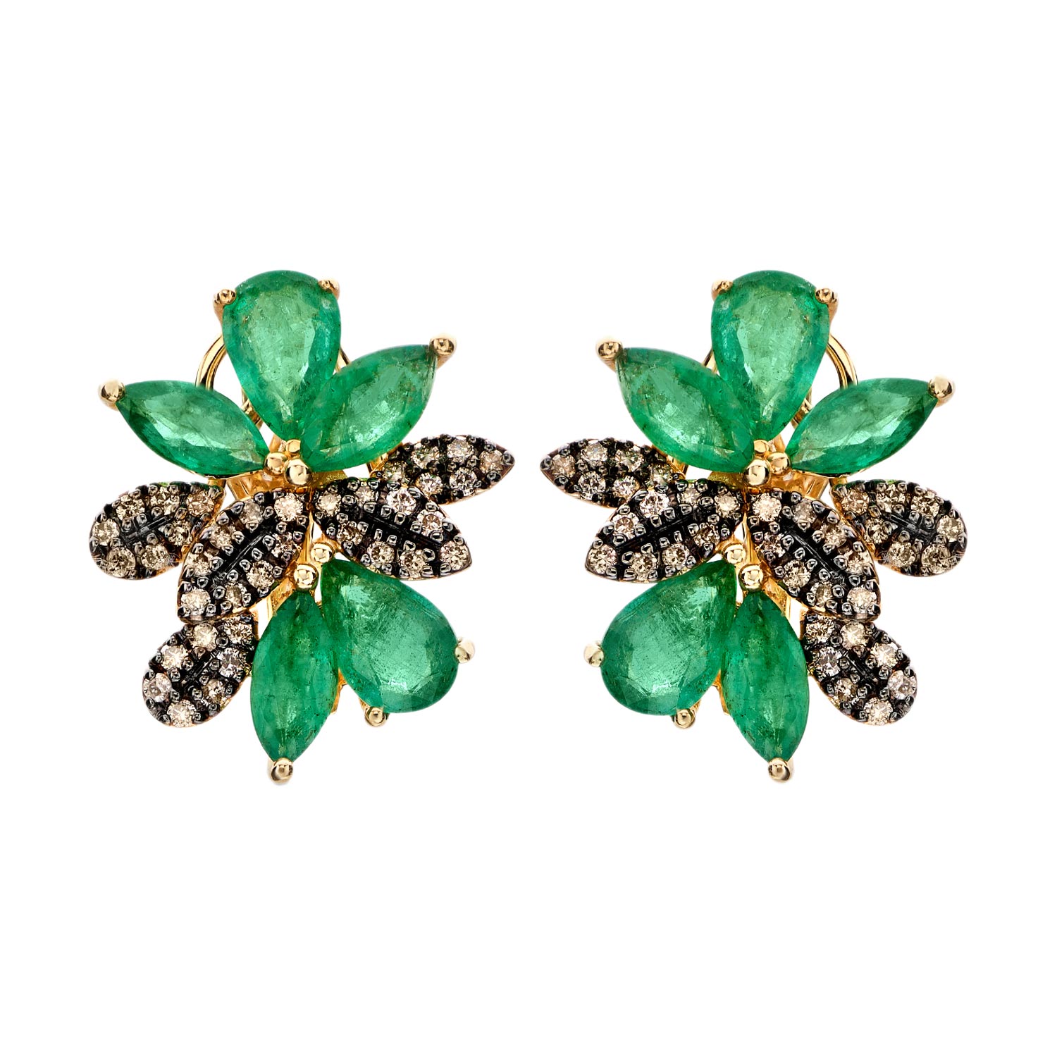 Золотые серьги SARGON JEWELRY E1116-2024 с изумрудами, коньячными бриллиантами
