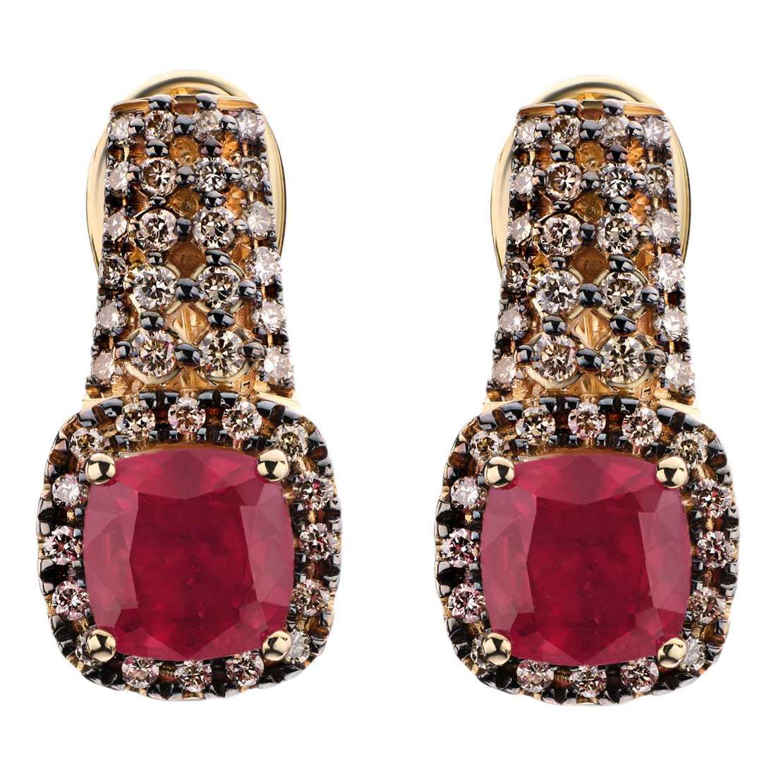 Золотые серьги SARGON JEWELRY E1216-2023 с рубинами, коньячными бриллиантами