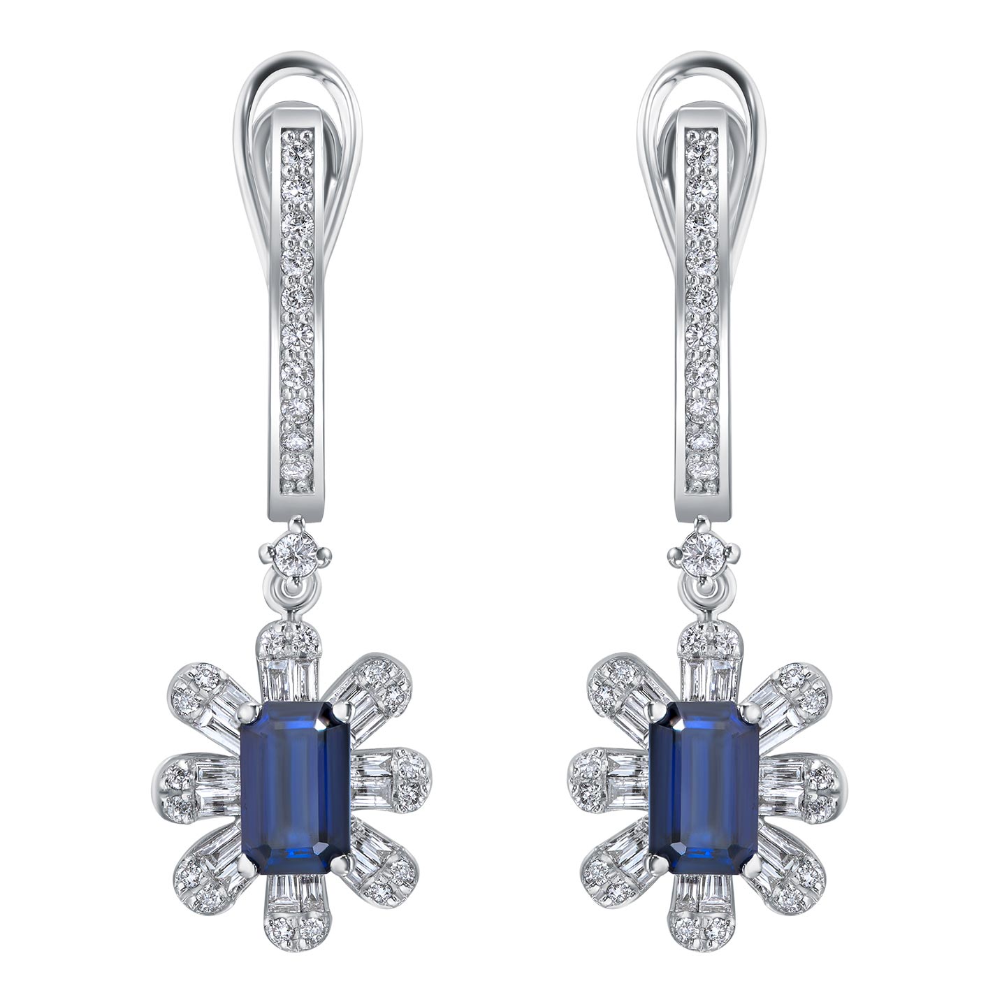 Серьги из белого золота с подвесками SARGON JEWELRY E2525-1011 с сапфирами, бриллиантами