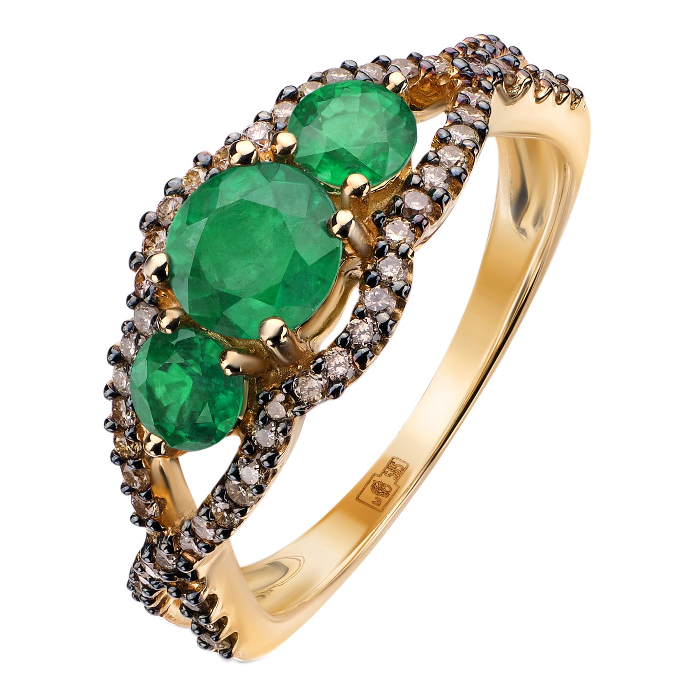 Золотое кольцо SARGON JEWELRY R1128-2024 с изумрудами, коньячными бриллиантами