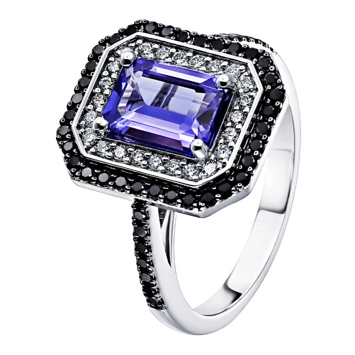 Женский перстень из белого золота SARGON JEWELRY R2637-1066 с танзанитом, черными бриллиантами, бриллиантами