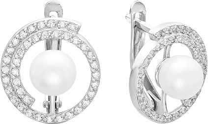 Серебряные серьги круглые Серебро России 2-1075R-44099 с жемчугом, фианитами