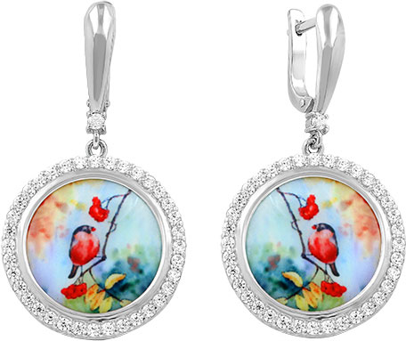 Серебряные серьги круглые с подвесками Серебро России S-11102R-74523 с перламутром, фианитами