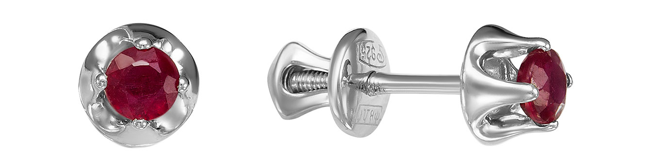 Серебряные серьги пусеты-гвоздики Серебро России S6-633R415-1049668 с рубинами
