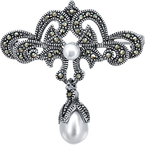 Серебряная брошь Silver Wings 080006-267-39 с жемчугом, марказитами