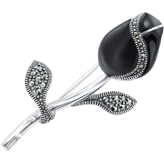 Серебряная брошь Silver Wings 080028-297-39-oniks с ониксом, марказитами