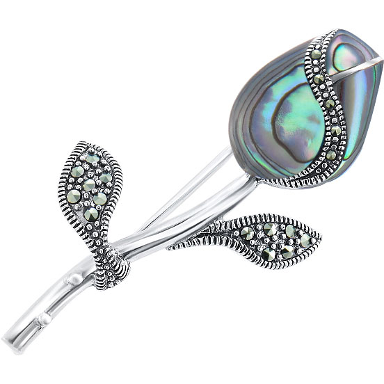Серебряная брошь Silver Wings 080028-297E-39-perlamutr с перламутром, марказитами