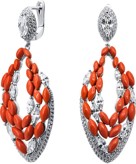 Серебряные серьги с подвесками Silver Wings 22QSJLG00755-19 с прессованными кораллами, кубическим цирконием