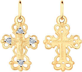 Женский золотой православный крестик с распятием SOKOLOV 121314 с фианитами