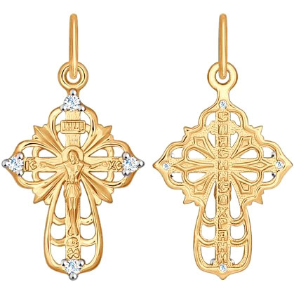 Женский золотой православный крестик с распятием SOKOLOV 121357 с фианитами