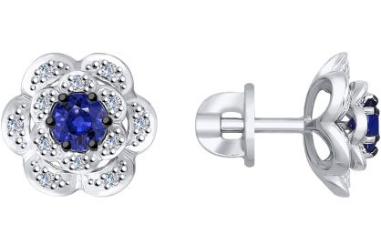 Серьги-пусеты (гвоздики) из белого золота SOKOLOV 2020899 с сапфирами, бриллиантами