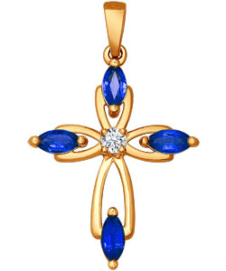 Женский золотой декоративный крестик SOKOLOV 2120023 с бриллиантом, сапфирами