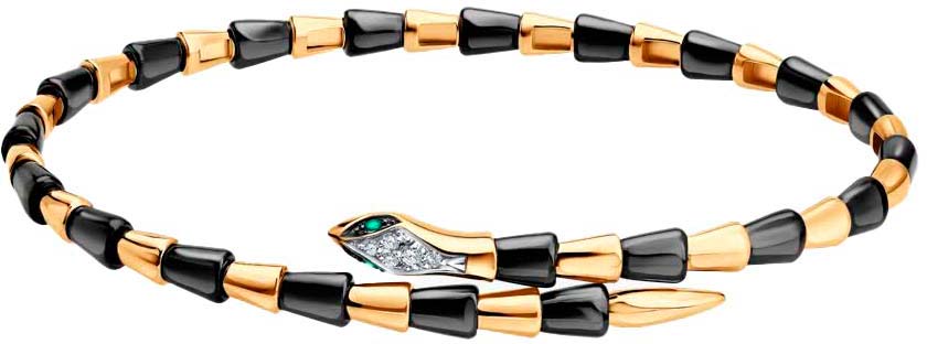 Золотой жесткий открытый браслет ''Змея''  Sokolov 6055011_s с черными бриллиантами, бриллиантами, изумрудами