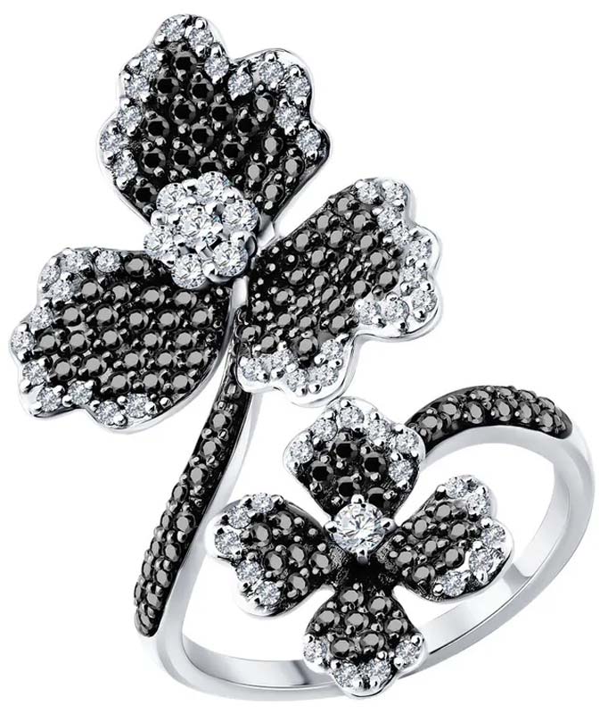 Открытое кольцо из белого золота ''Цветы'' Sokolov 7010154-3_s с черными бриллиантами, бриллиантами