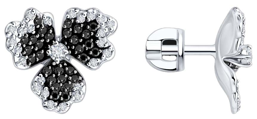 Серьги пусеты-гвоздики из белого золота ''Цветок'' Sokolov 7020173-3_s с черными бриллиантами, бриллиантами