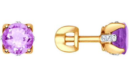 Золотые серьги-пусеты (гвоздики) SOKOLOV 725200 с аметистами, фианитами