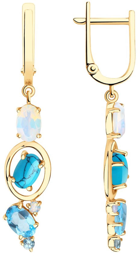 Золотые длинные серьги с подвесками SOKOLOV 726207 с топазами, ситаллами и бирюзой