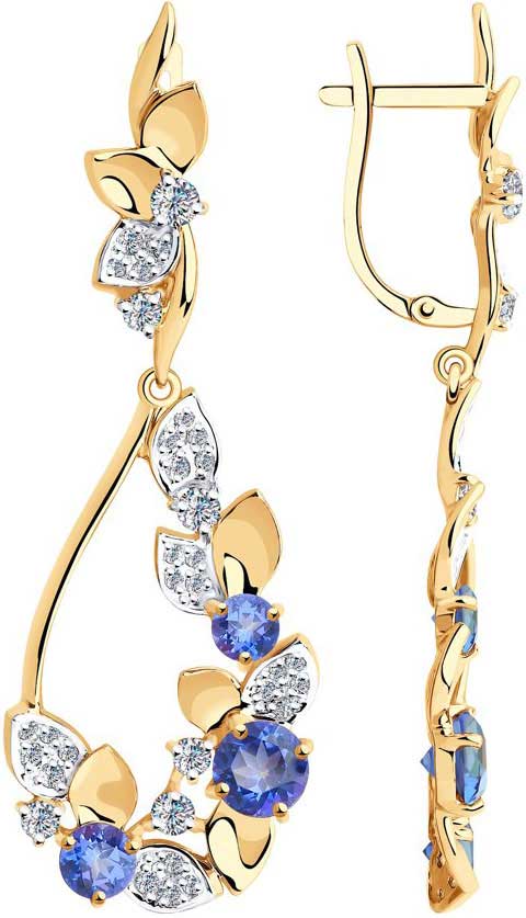 Золотые длинные серьги с подвесками SOKOLOV 727004 с топазами Swarovski, фианитами Swarovski