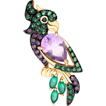 Золотая брошь ''Попугай'' SOKOLOV 740286 с аметистами, агатами, фианитами