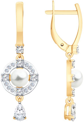 Золотые серьги с подвесками SOKOLOV 792106 с жемчугом, топазами, фианитами
