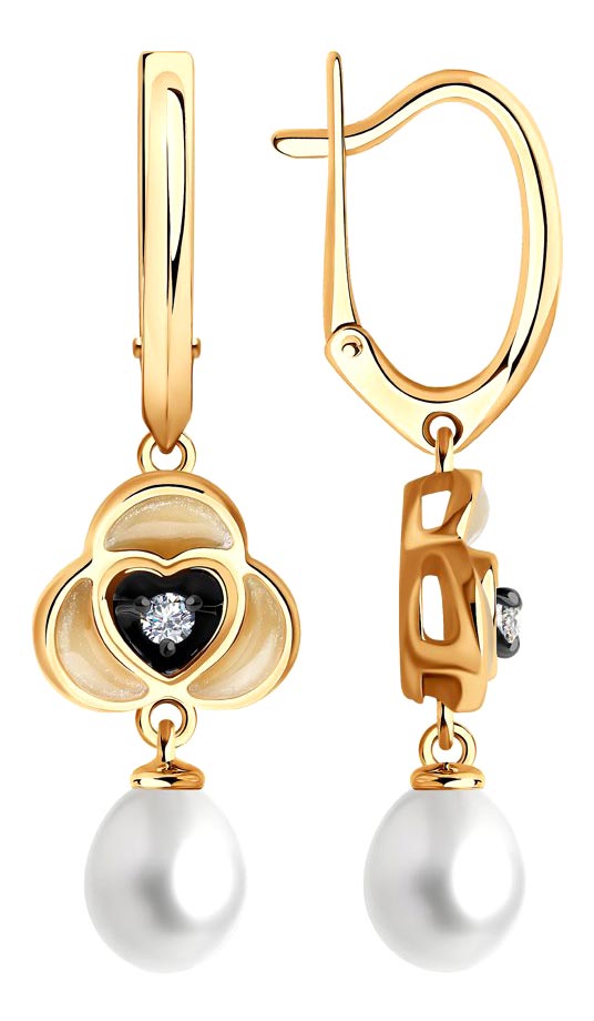 Золотые серьги с подвесками SOKOLOV 8020093 с пресноводным жемчугом, бриллиантами