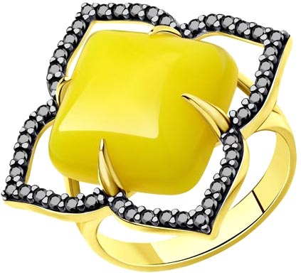 Серебряное кольцо ''Цветок'' SOKOLOV 83010071 с янтарем, черными фианитами