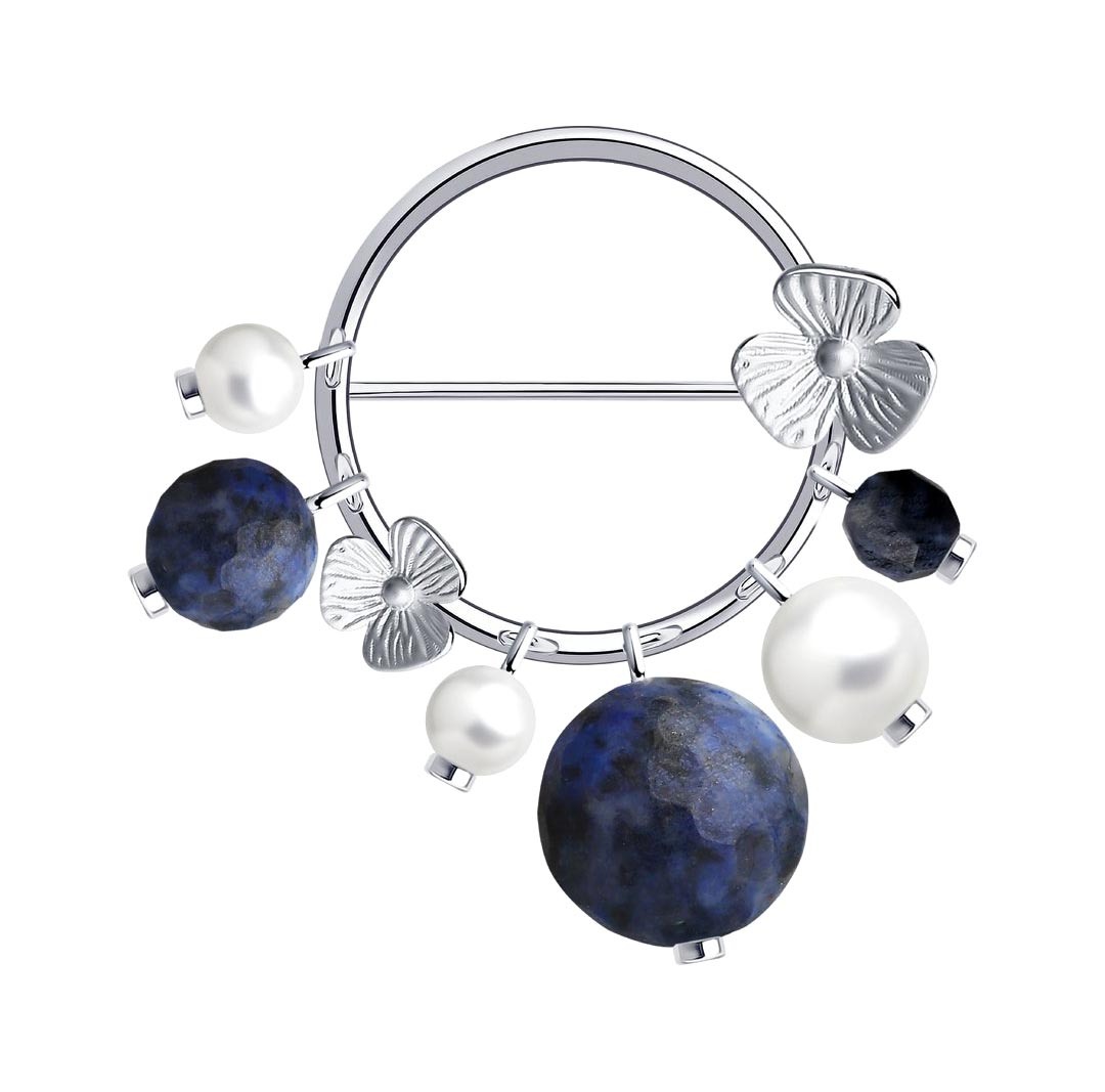 Серебряная брошь SOKOLOV 83040035 с содалитами, жемчугом Swarovski