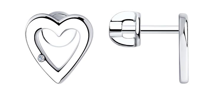 Серебряные серьги пусеты-гвоздики ''Сердца'' SOKOLOV 87020034 с бриллиантами