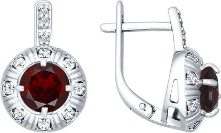 Серебряные сережки круглые SOKOLOV 92020917 с гранатами, фианитами