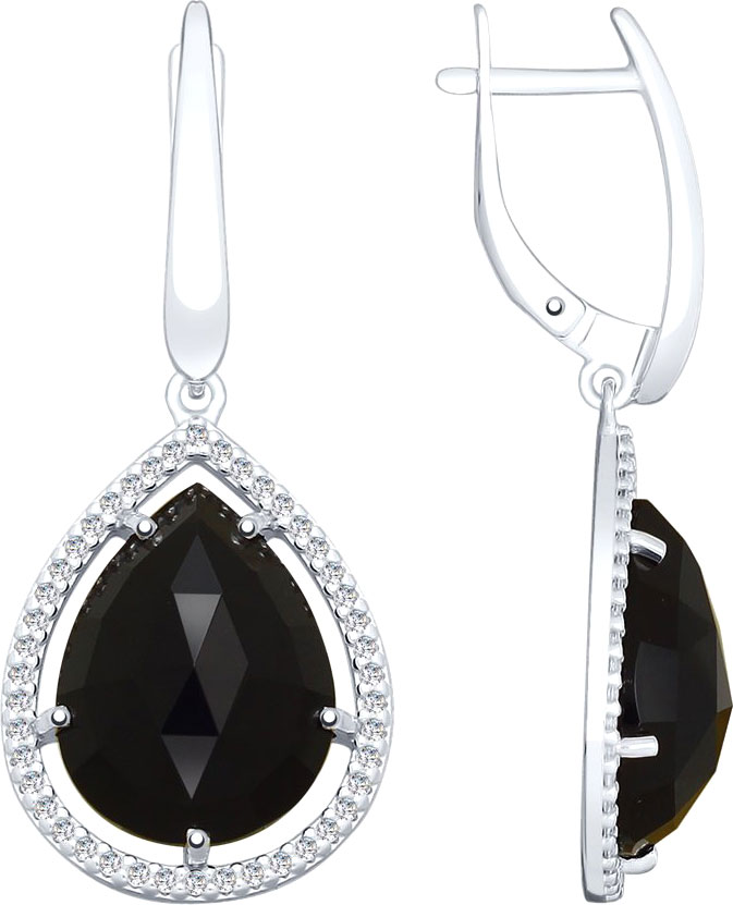 Серебряные серьги капельки SOKOLOV 92022042 с черными агатами, фианитами