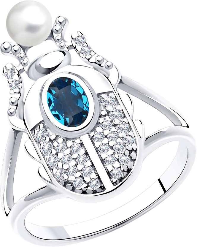 Серебряное кольцо ''Жук Скарабей'' SOKOLOV 94013130 с жемчугом Swarovski, кристаллом Swarovski, фианитами
