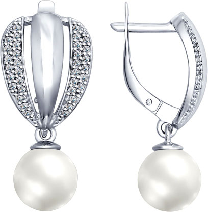 Серебряные серьги шарики SOKOLOV 94022491 с жемчугом, фианитами