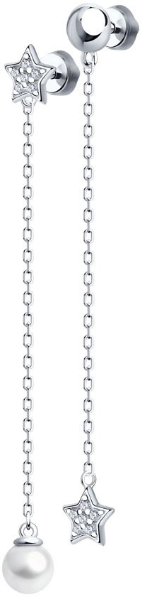 Серебряные длинные серьги звездочки SOKOLOV 94022669 c жемчугом, фианитом, cо Swarovski