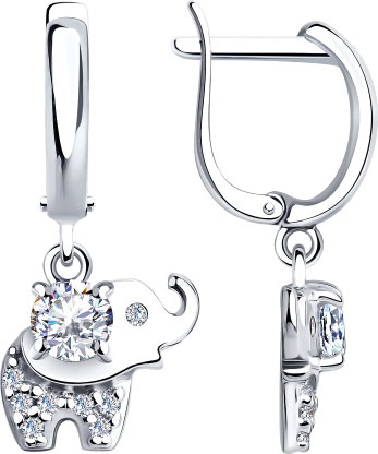 Детские серебряные серьги с подвесками ''Слоники'' SOKOLOV 94023905 с фианитами