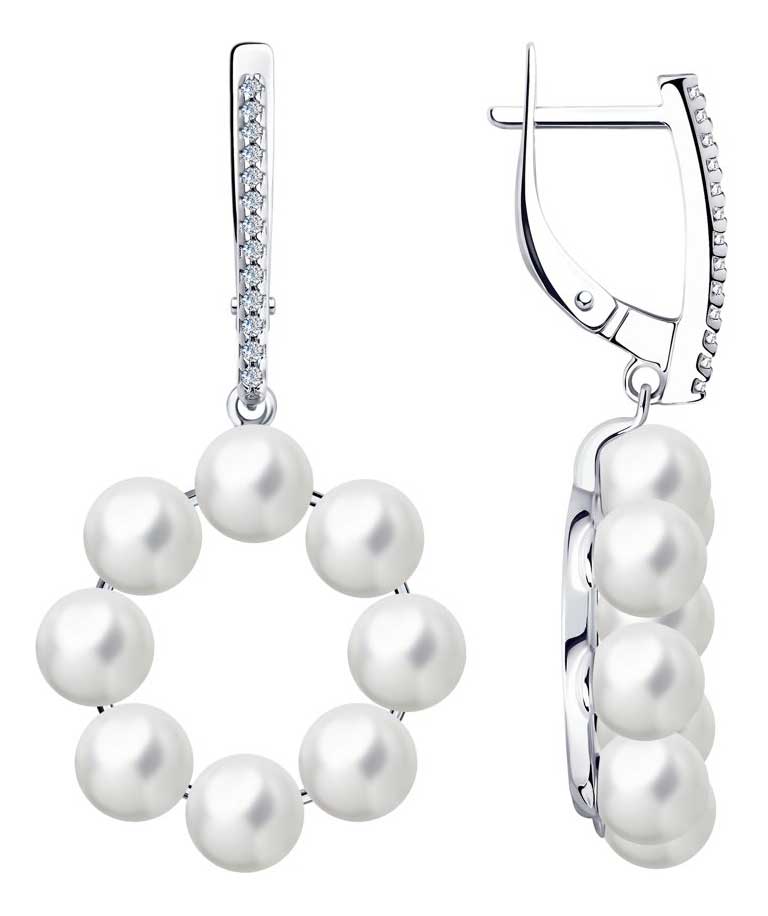 Серебряные серьги круглые с подвесками SOKOLOV 94023994 с жемчугом, фианитами