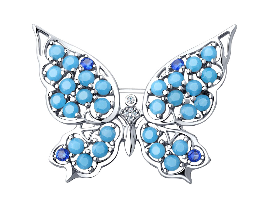 Серебряная брошь ''Бабочка'' SOKOLOV 94040183 с ситаллами, фианитами
