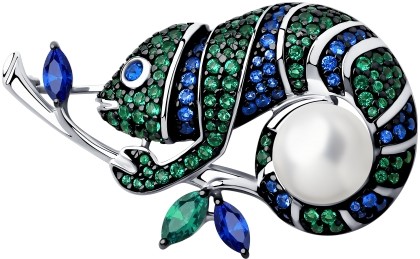 Серебряная брошь ''Хамелеон'' SOKOLOV 94040185 с жемчугом Swarovski, фианитами