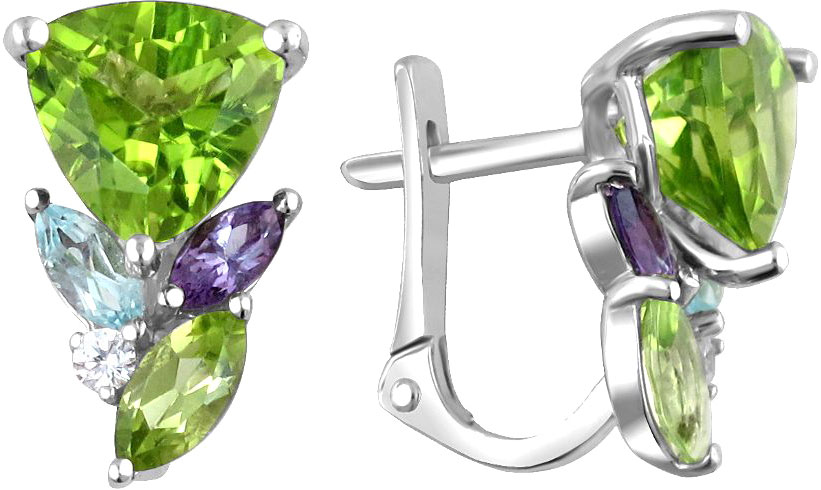 Серьги из белого золота Эстет 01S325673-14 с хризолитами, аметистами, топазами, фианитами