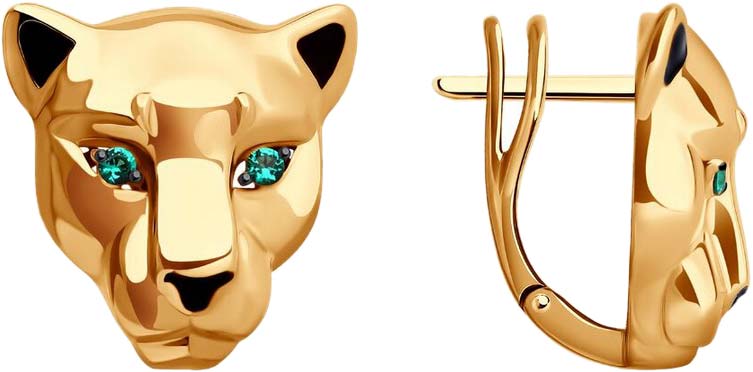 Золотые серьги ''Кошки'' Diamant 51-120-02169-1 с эмалью, фианитами