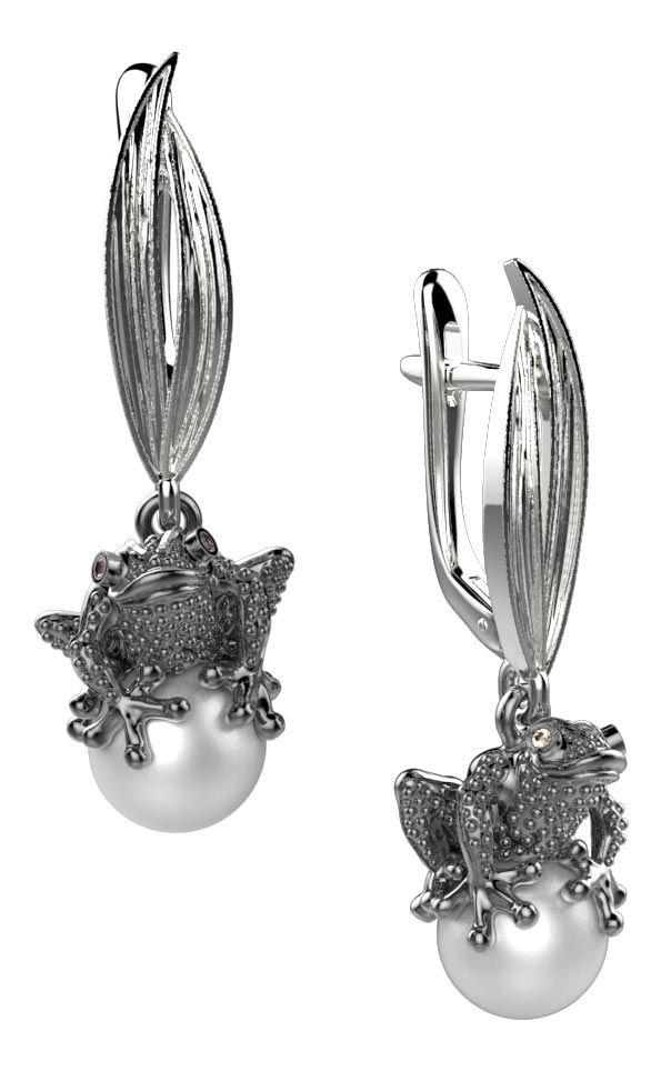 Серебряные серьги с подвесками ''Лягушки'' Spika Gold 20076-055-10 с жемчугом, гранатами