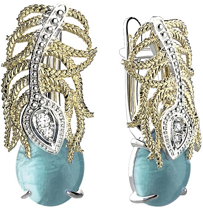 Серебряные серьги ''Перо Жар-птицы'' Spika Gold 20091-082-08 с аквамаринами, фианитами