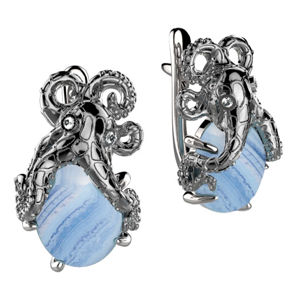 Серебряные серьги ''Осьминог'' Spika Gold 20094-130-10 с голубым агатом, фианитами