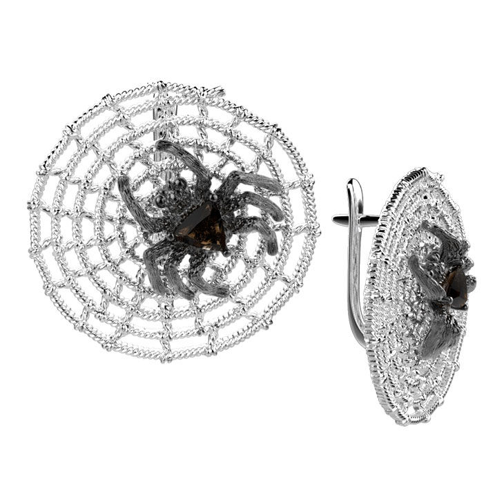 Серебряные серьги круглые ''Паучки'' Spika Gold 20290-065-10 с дымчатым кварцем