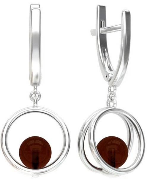 Серебряные серьги круглые с подвесками Sun Stone E10006RV с янтарем