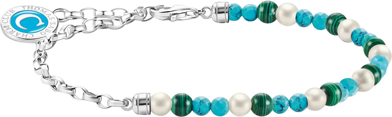 Серебряный браслет цепь Thomas Sabo A2130-158-7 с жемчугом, искусственным малахитом, искусственной бирюзой