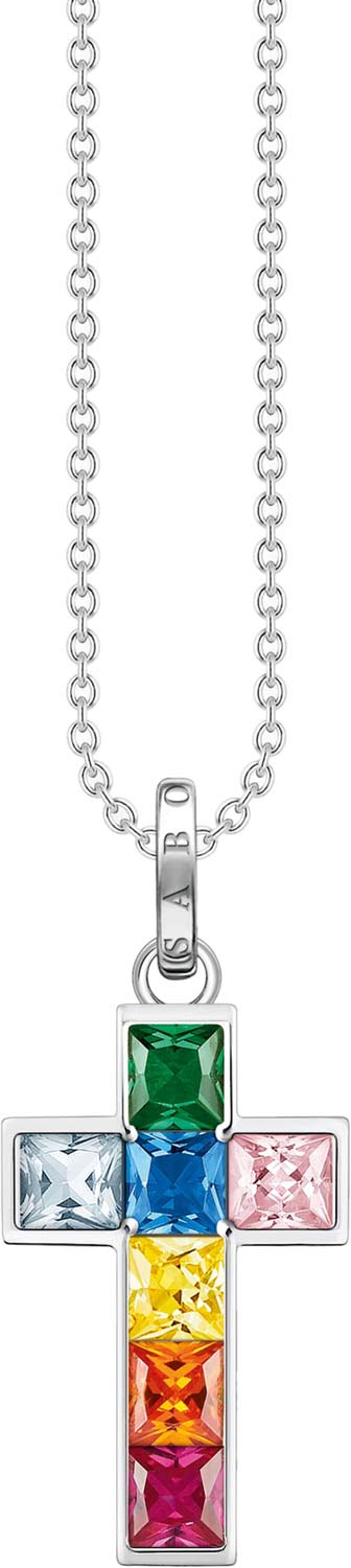 Серебряный декоративный крестик на цепочке Thomas Sabo KE2166-477-7 с искусственным рубином, искусственной шпинелью, фианитами