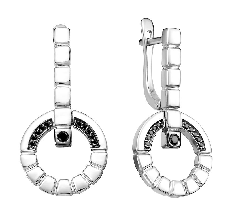 Серьги круглые из белого золота Vesna jewelry 21374-256-02-00 с черными бриллиантами